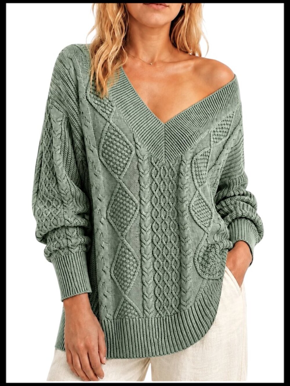 Aerie Cable Knit Sweater Sage Green Oversized Plunge V Neck Size S